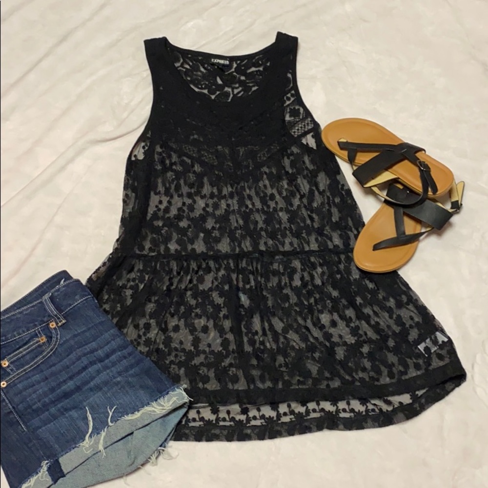 Express Black Mesh Floral Tank Top